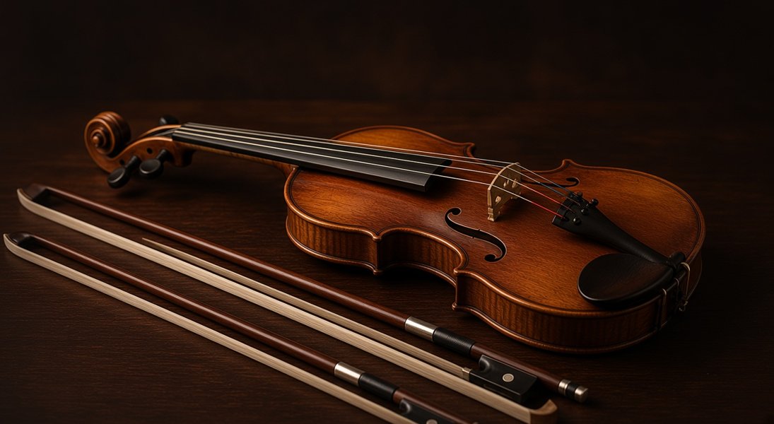 Violin and bows in our workshop